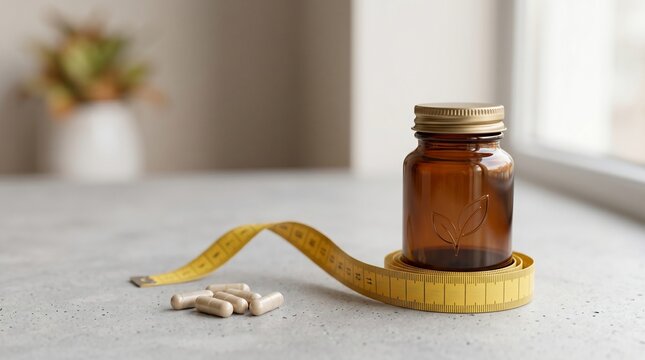 Dietary supplements in amber jar with measuring tape and capsules on gray countertop near window