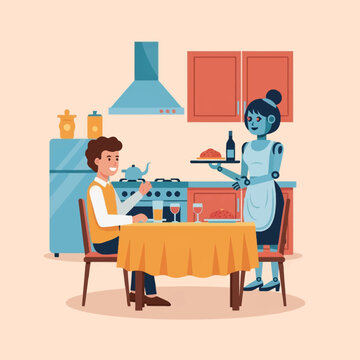 Flat vector illustration of a humanoid robot maid in an apron serving dinner to a man sitting at a table in a modern kitchen with cabinets, a stove, and a refrigerator.