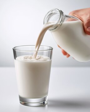 A close-up of fresh milk being poured from a glass bottle into a clear glass.