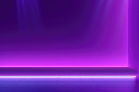 A minimalist room with purple neon lighting on the wall and floor, featuring a simple bench illuminated by a strip of light beneath it.