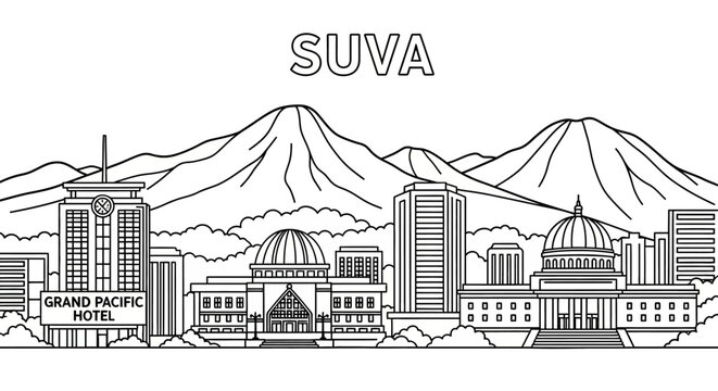 Detailed Suva City Skyline with Mountainous Backdrop Illustration.
