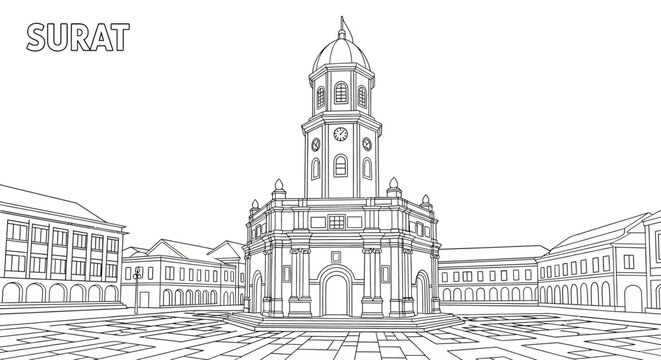 Detailed line drawing of historic clock tower building.