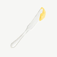 Fototapeta na wymiar Transparent butter knife with a small pat of butter on a white background