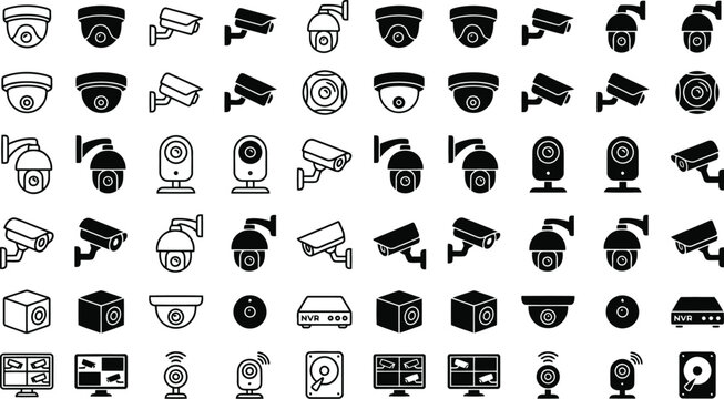 Collection of Various CCTV Security Camera Icons and Surveillance Equipment