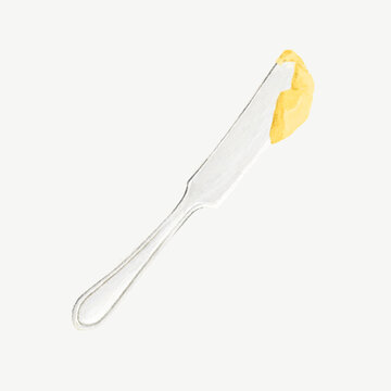 Transparent butter knife with a small pat of butter on a white background