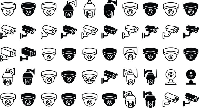 Collection of Diverse CCTV Security Camera Icons and Line Art Illustrations