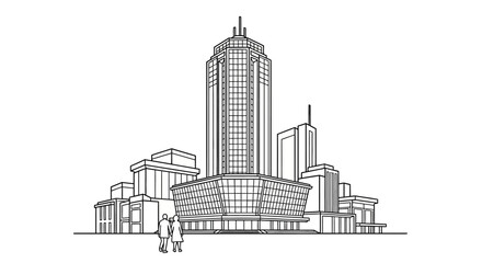 Fototapeta premium Modern urban cityscape with detailed architectural line art.