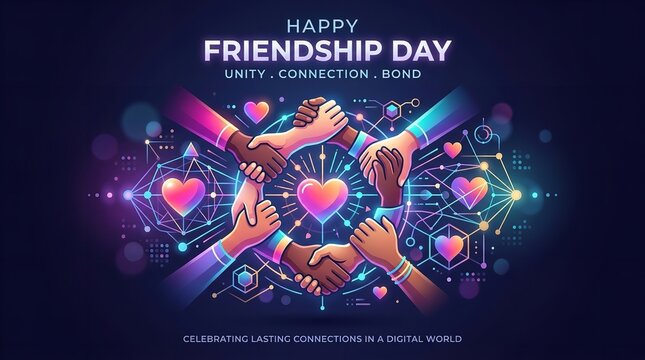 Diverse hands joining together in a vibrant digital circle of unity to celebrate friendship day with glowing hearts and complex network lines presented as a high quality artistic image on transparent 