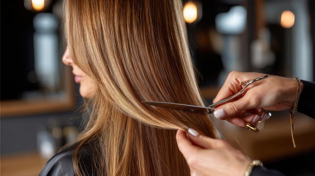 stylist trimming long layered hair with precision, smooth shiny strands, modern chic salon background, warm flattering lighting, beauty editorial style photography,