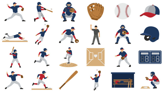 Baseball players and equipment in action pixel art style illustration for sports and game design