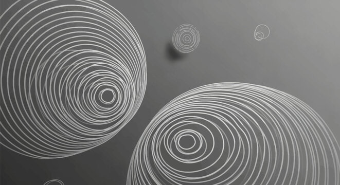 Abstract minimalist illustration featuring white concentric wireframe circles and spheres on a dark gray gradient background with subtle drop shadows for three-dimensional depth.
