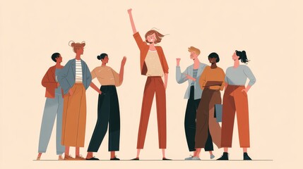 Obraz premium Diverse Group of People Celebrating with Raised Hands, Team Success and Community Unity Flat Illustration