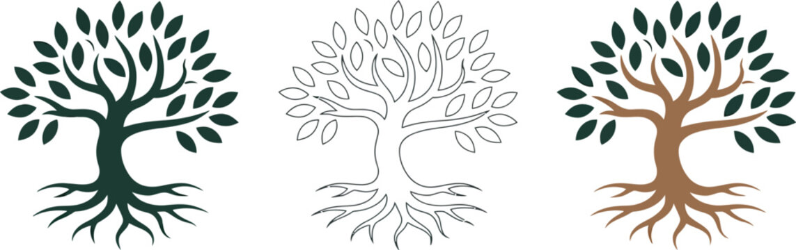 Stylized tree icons set, nature growth and root symbols vector isolated botanical design with multiple color variations