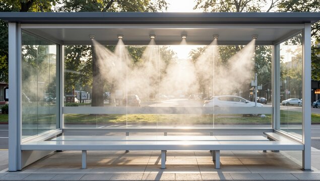 Modern public bus stop shelter equipped with overhead water misting system to cool passengers during summer heat