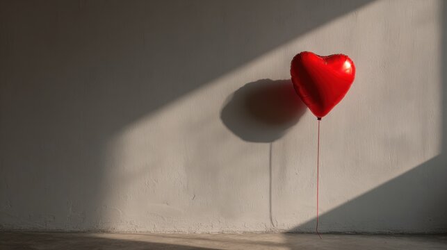 A single red heart-shaped balloon casting a shadow on a wall, symbolizing love and hope