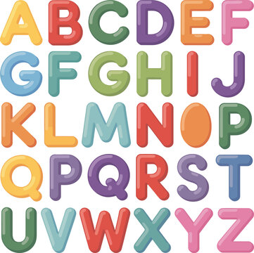 3D colorful English alphabet letters A to Z vertical arrangement glossy style kids education learning chart bright rounded typography design