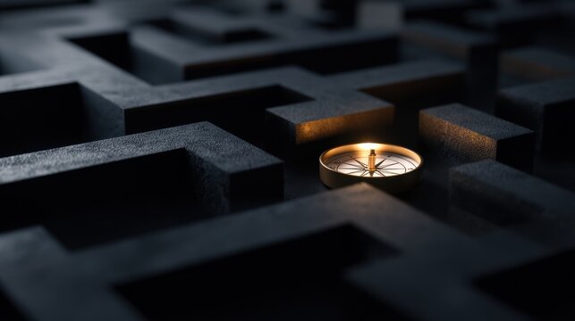 A compass sitting in the center of a dark, stone maze, with a warm light shining on it