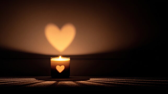 A candle glowing in the darkness, casting a heart-shaped shadow on the wall. The candle itself has a small heart emblem, creating a warm and romantic ambiance
