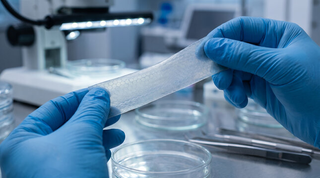 Scientist in blue gloves, stretching transparent bio-polymer film, examining polymer scaffold under microscope light, cleanroom research lab, biomedical engineering