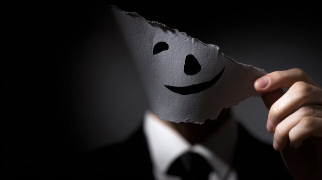 A person in a suit holding a torn piece of paper with a smiling face, hiding their true emotions in a dark environment