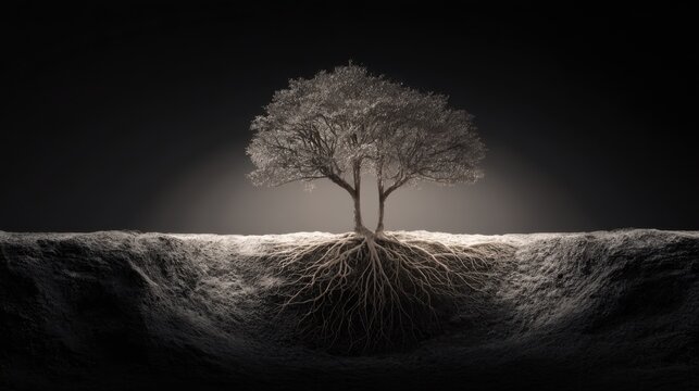 An ancient tree with deep roots, symbolizing growth and strength. The tree stands in a dramatic, spotlighted setting with a dark background.