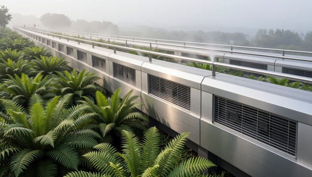 Modern metal bridge structure with integrated misting system and lush green ferns in misty morning for advanced urban cooling and sustainable landscape design concept