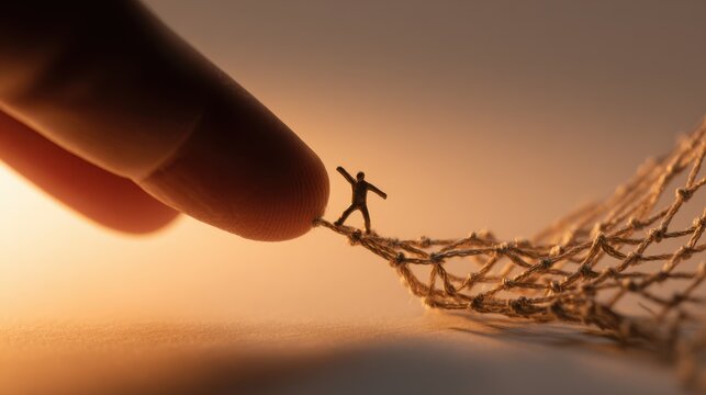 A tiny person stands precariously on a makeshift bridge, reaching out to a giant fingertip in a symbolic representation of hope and overcoming challenges