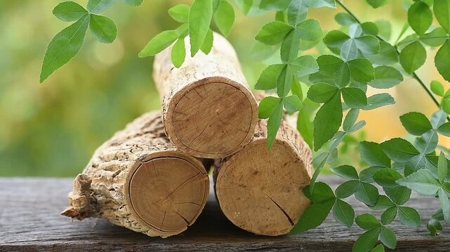 Thanaka branch green leaves and wood logs on natural background.