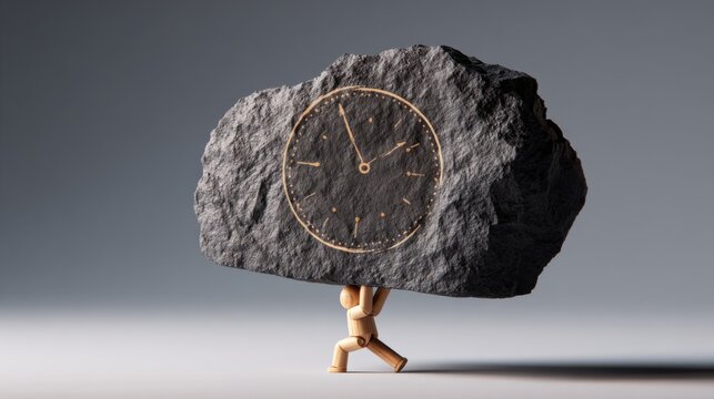 A wooden mannequin carrying a large, dark rock with a clock face carved into it, representing the heavy burden of time