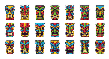 Collection of Colorful Tiki Masks, Hawaiian Culture, Tropical Island Decor © Varel