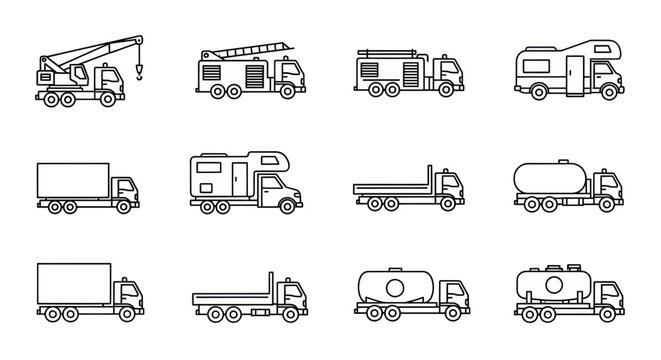 Collection of Truck and Vehicle Icons: Crane, Fire Engine, RV, Tanker, Flatbed