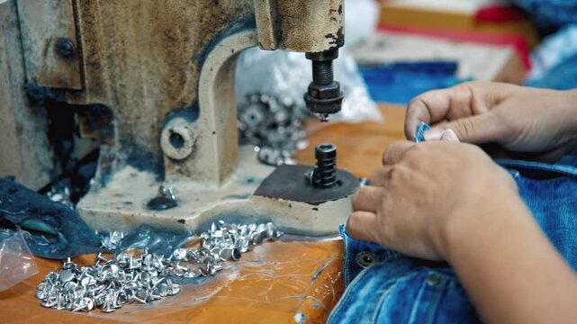 Close up of Factory Worker Hands using Mechanical Punching Press Machine to Fasten Metal Buttons on Denim Pants Clothing Assembly Line 4k