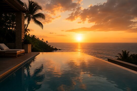 Luxurious infinity pool overlooking a breathtaking tropical sunset over the ocean with palm trees.