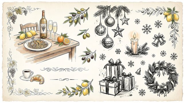Artistic collection featuring a festive dinner table setting with wine bottles and holiday ornaments plus various seasonal botanical sketches including olives and lemons arranged in a beautiful compos