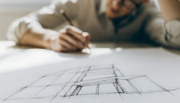Focused architect sketching a modern building design, illustrating the meticulous design process and creative work involved in drafting