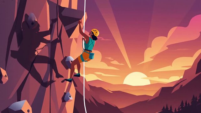 Animated climber ascending steep mountain cliff with safety rope during dramatic sunset in colorful flat illustration style. Concept of determination, adventure and personal achievement