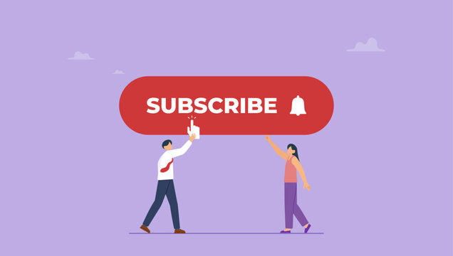 People pushing the subscribe red button to stay informed about recent news and updates. Social media marketing and increasing subscribers concept.