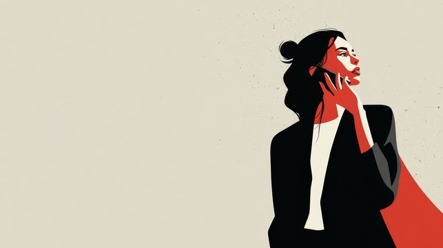 Woman Silhouette with Long Hair on Cream Background, Minimal Female Profile Illustration