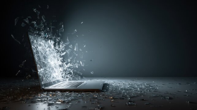 Laptop screen shattering into pieces, representing data loss or system failure