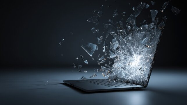 A laptop shattering into many pieces, symbolizing destruction and failure