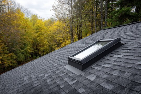Modern skylight installed on residential asphalt shingle roof