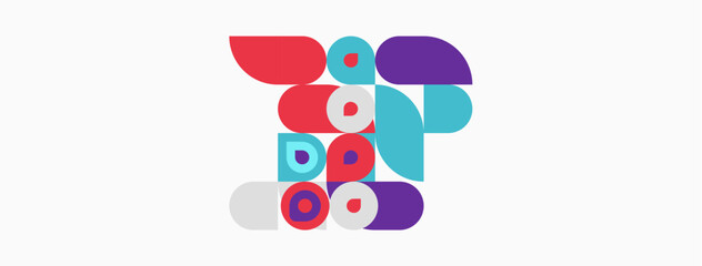 Fototapeta premium Abstract colorful shapes form panda face. Geometric design uses circles, semicircles, squares. Minimalist style, bright hues present.