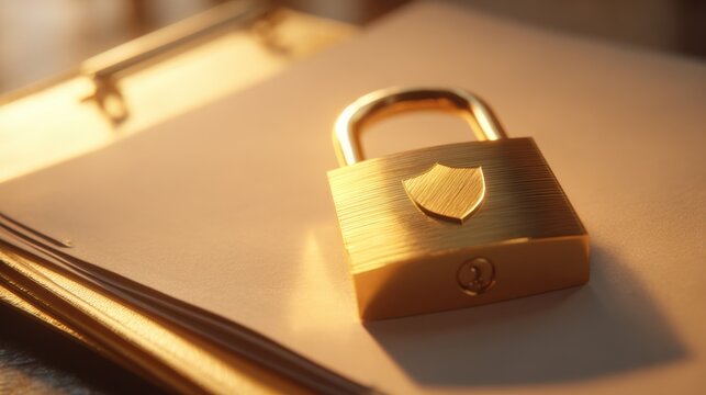 A golden padlock with a shield emblem rests on a document, symbolizing security and protection