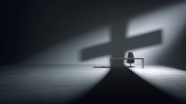 An empty office chair sits behind a desk, casting a large plus sign shadow on the wall. The scene is dimly lit with dramatic shadows, creating a sense of mystery and anticipation
