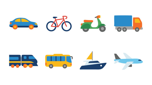 Set of flat vector illustrations of various transport modes including car bicycle scooter truck train bus boat and airplane