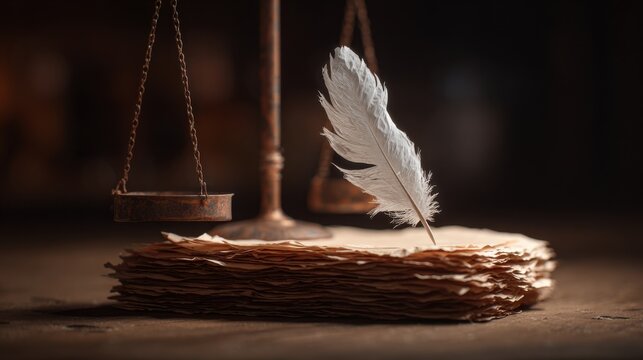 A quill pen rests on a stack of aged paper next to an antique scale, symbolizing justice and historical writing. The warm, diffused light highlights the textures of the paper and the delicate feather