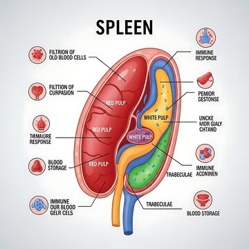 Detailed diagram of human spleen anatomy and functions.