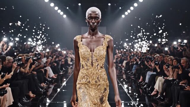 Elegant afro american fashion model walking runway in golden haute couture gown under sparkling lights at luxury fashion show. Concept of glamour and high fashion