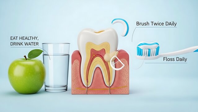 Dental anatomy model showing healthy tooth structure with a toothbrush, glass of water, and green apple for oral hygiene education