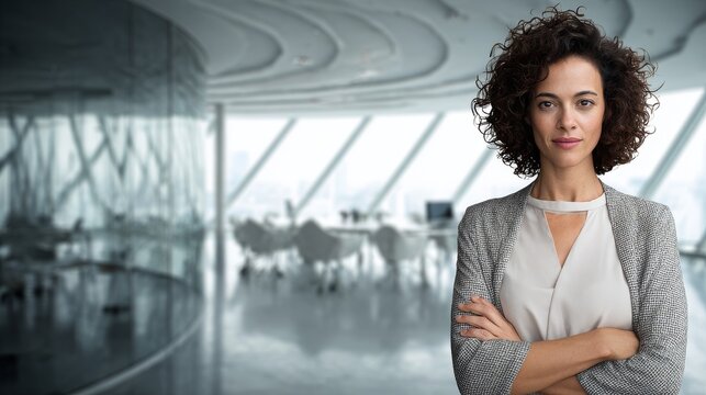 Serious Businesswoman in Dark Suit with City View, Powerful Female Executive Corporate Portrait Photography